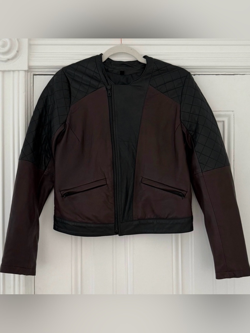 Joe's Black and Burgundy Quilted Leather Moto Jacket Size M